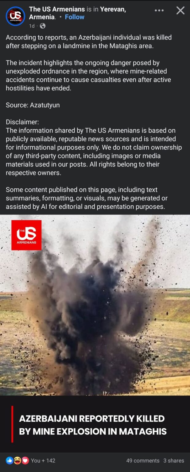 Armenians reaction to another Azerbaijani civilian being killed by their mines