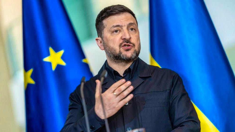 Volodymyr Zelensky, President of Ukraine, speaks in Berlin. Photo: Michael Kappeler/dpa/Archivbild