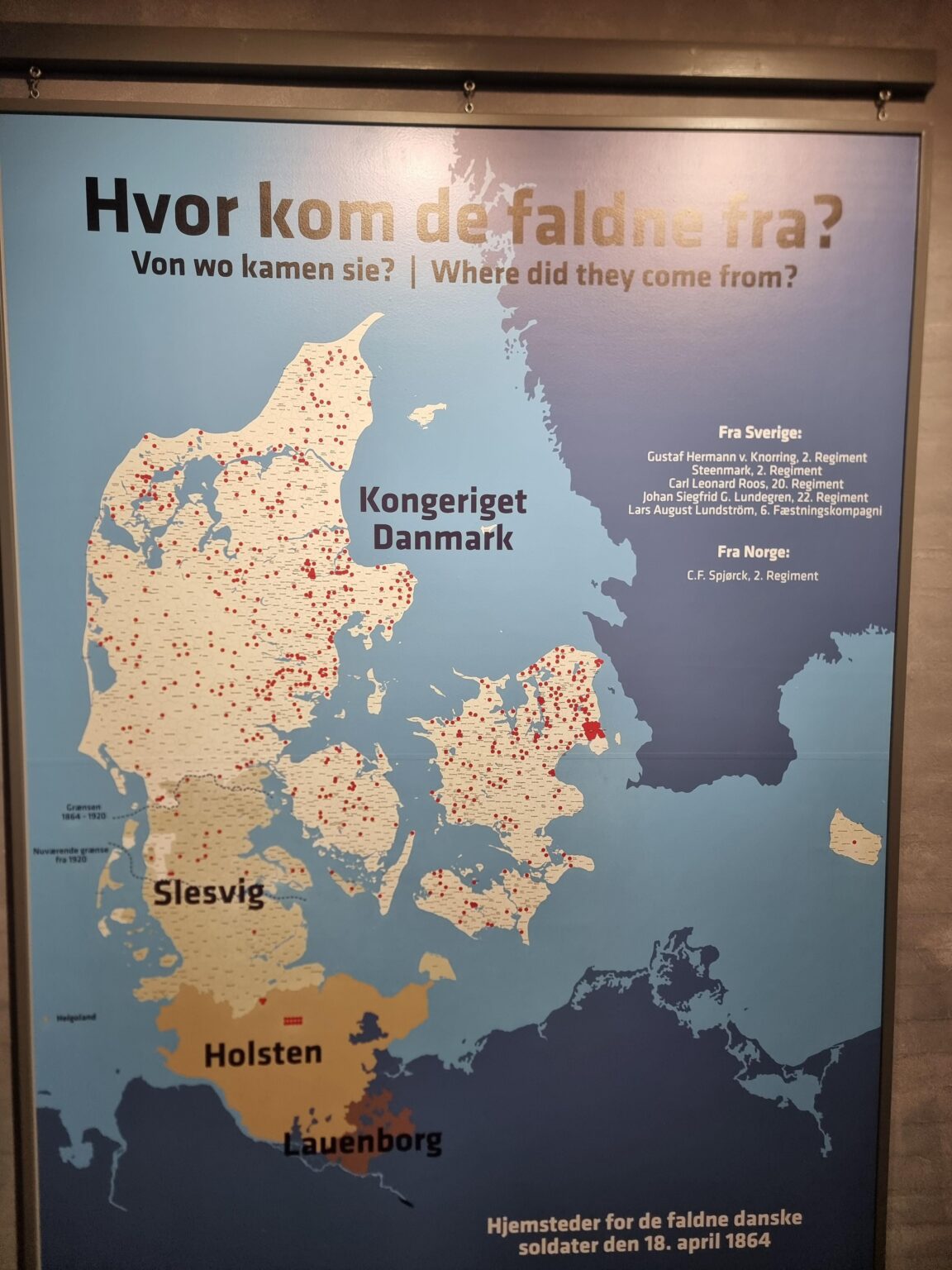 Map of where those who fell in the 2nd Schleswig War came from. (The War of 1864). Info poster from the Museum at Dybbøl Banke.