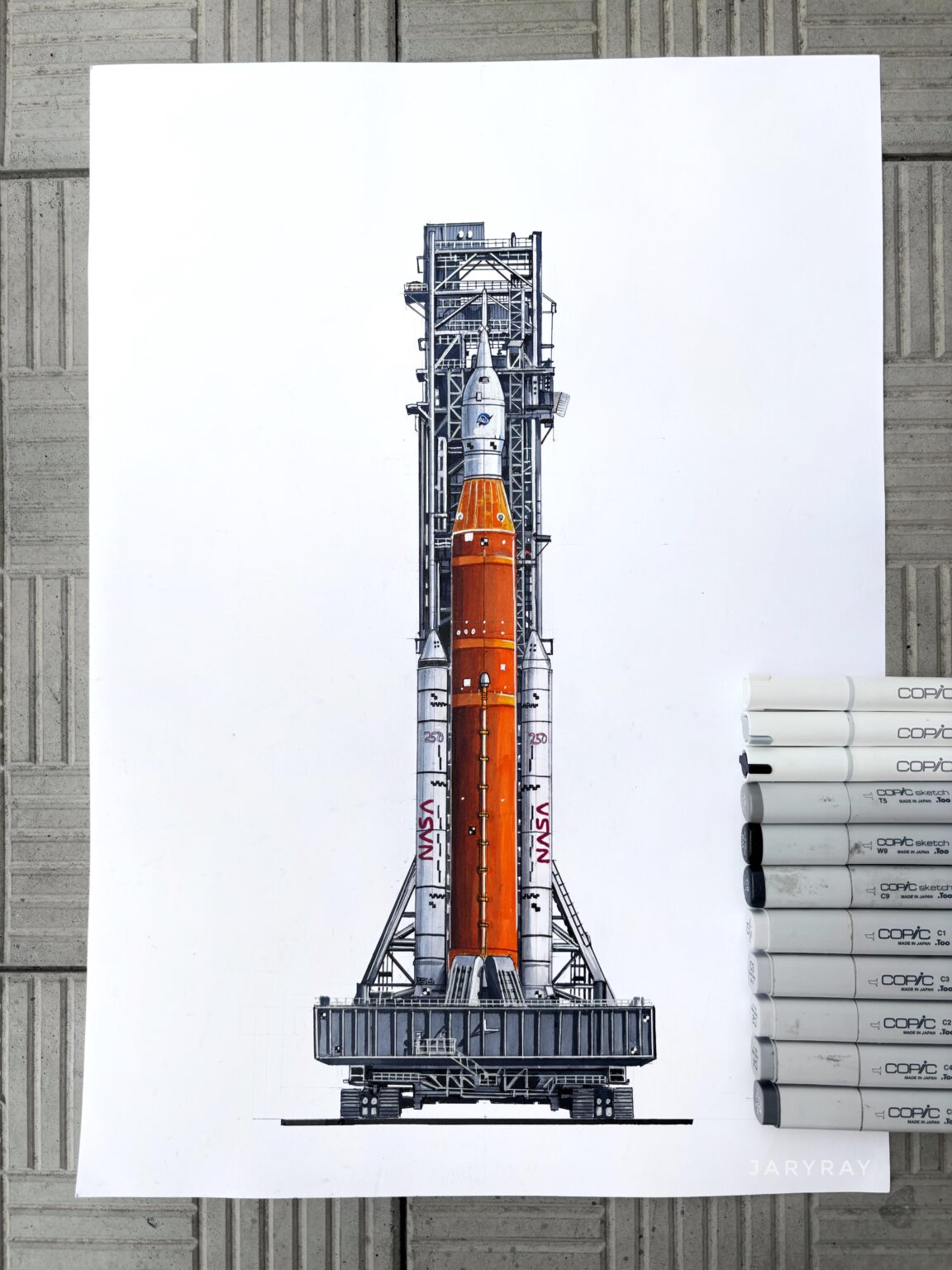 I drew the Space Launch System with markers. Welcome home, Artemis II
