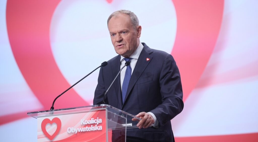 Polish Prime Minister Donald Tusk speaks at a gathering of his governing Civic Coalition (KO) party in Warsaw on Saturday, April 11, 2026.