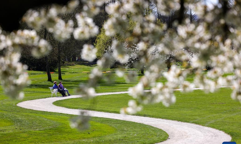 People enjoy themselves during a spring flower exhibition at the Volcji Potok Arboretum near Kamnik, Slovenia, April 3, 2026. (Photo by Zeljko Stevanic/Xinhua)

