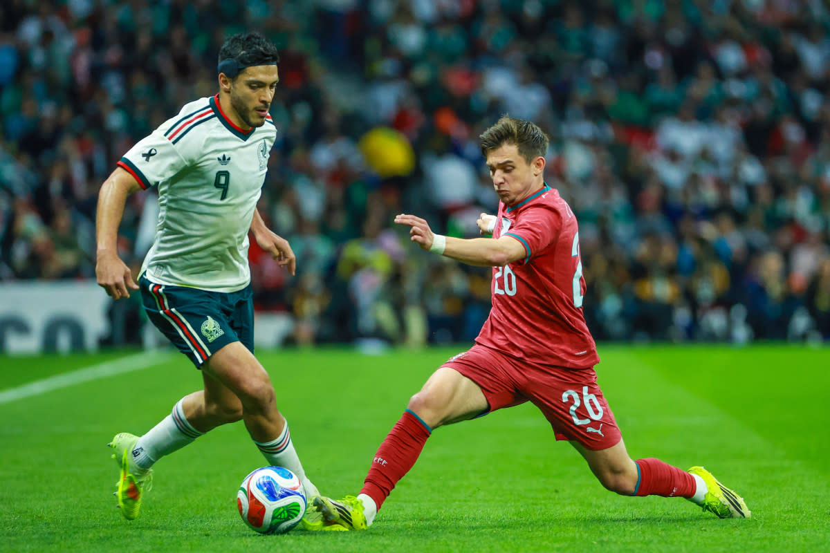 Raul Jimenez of Mexico (L) and Francisco Conceicao of Portugal fight for the ball during an international friendly between Mexico and Portugal, at Banorte Stadium, in Mexico City, Mexico on March 28, 2026. This match marks the reopening of Banorte Stadium following renovations, formerly known as Azteca Stadium. (Photo by Stringer/Anadolu via Getty Images)Photo by Stringer&sol;Anadolu via Getty Images