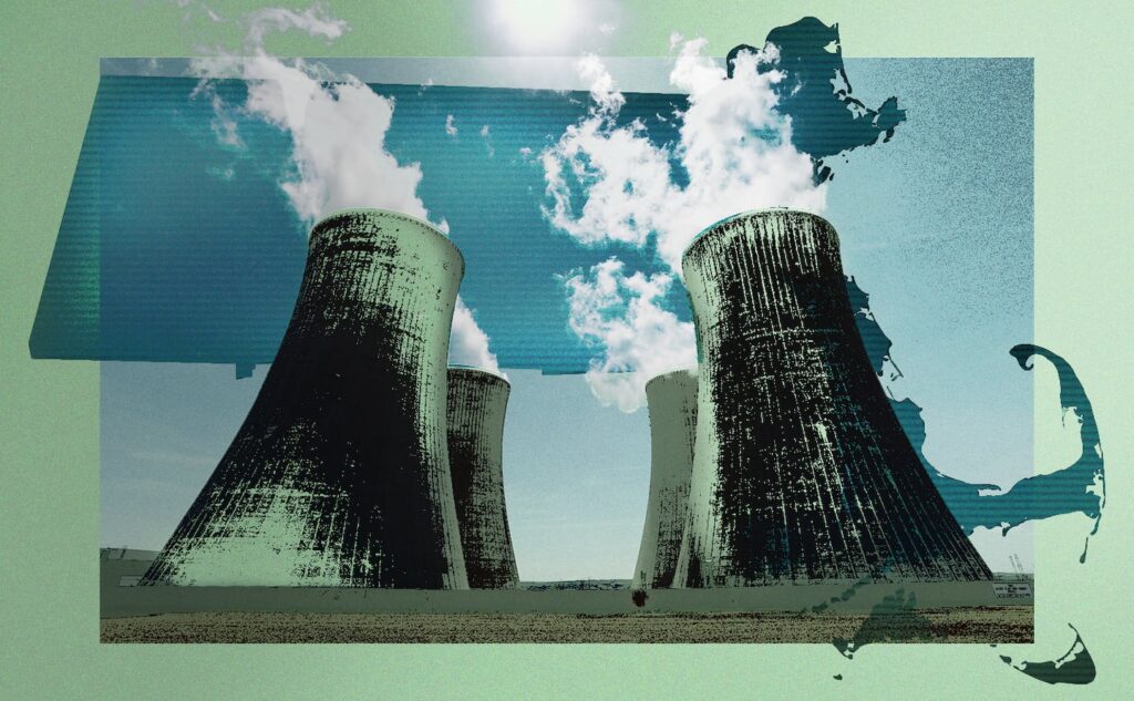 An illustration of nuclear power plants, with a map of Massachusetts in the background.