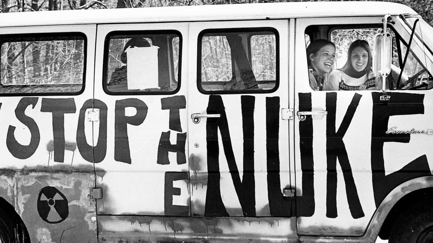 A van was used as mobile headquarters by the Clamshell Alliance, an antinuclear organization, to protest the construction of Seabrook Station in Seabrook, N.H., in 1977.