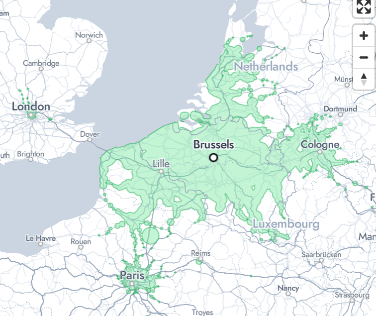 how far you can travel by train within 3 hours of brussels