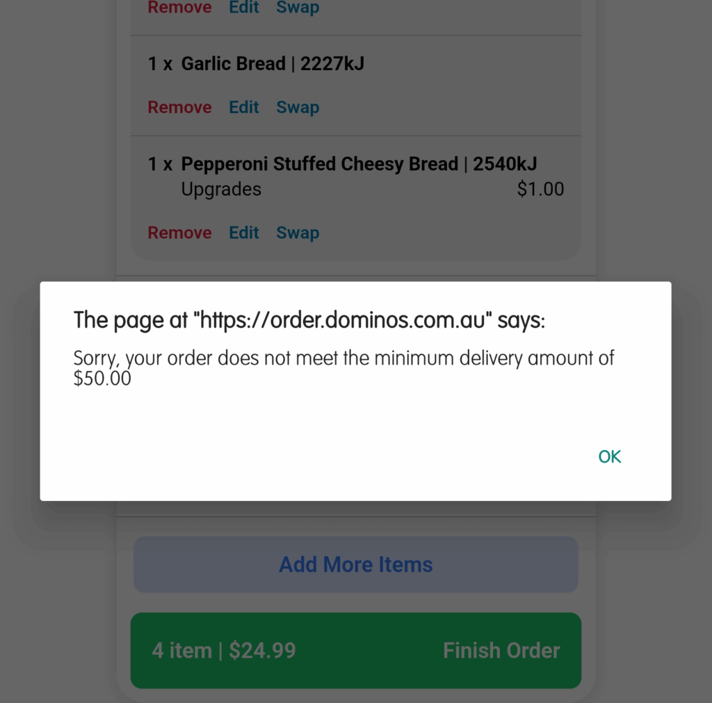 I'm so done with Domino's delivery - $50 minimum now