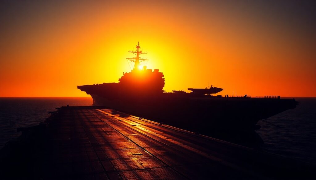 A cinematic painting of a solitary aircraft carrier hull silhouetted against a warm, golden sunset sky, with deep shadows cast across the deck, conveying a sense of quiet contemplation and the weight of military service.