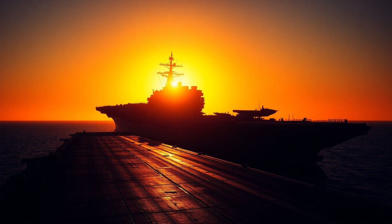 A cinematic painting of a solitary aircraft carrier hull silhouetted against a warm, golden sunset sky, with deep shadows cast across the deck, conveying a sense of quiet contemplation and the weight of military service.