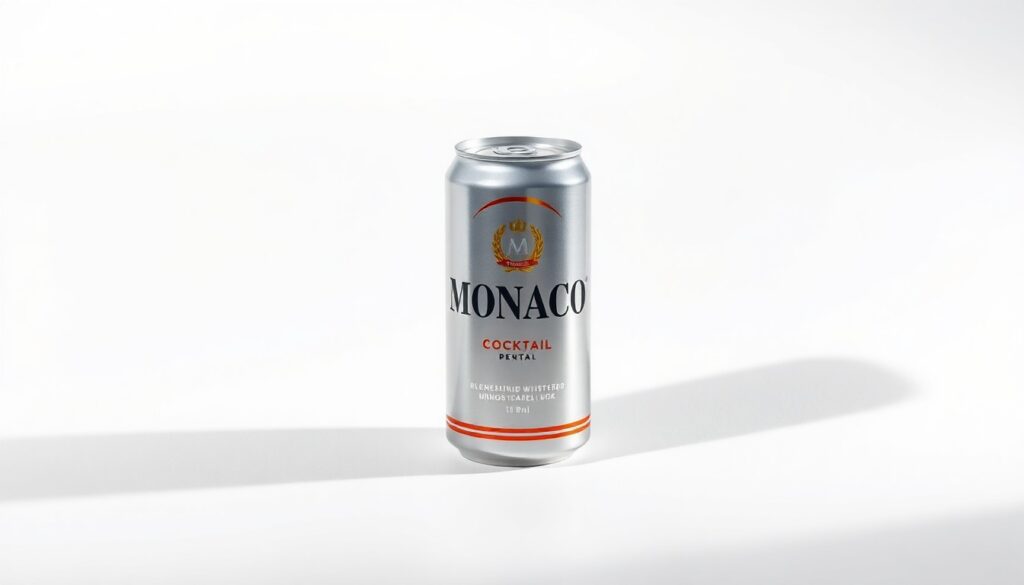 Molson Coors Acquires Atomic Brands, Maker of Monaco Cocktails A high-end, photorealistic studio still-life photograph of a sleek, metallic Monaco cocktail can resting on a clean, white background, with dramatic lighting and sharp shadows highlighting the premium branding and design.