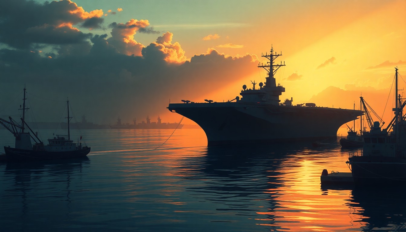 A serene painting of the USS Gerald R. Ford aircraft carrier docked in a harbor, with warm sunlight and deep shadows creating a contemplative, cinematic mood.
