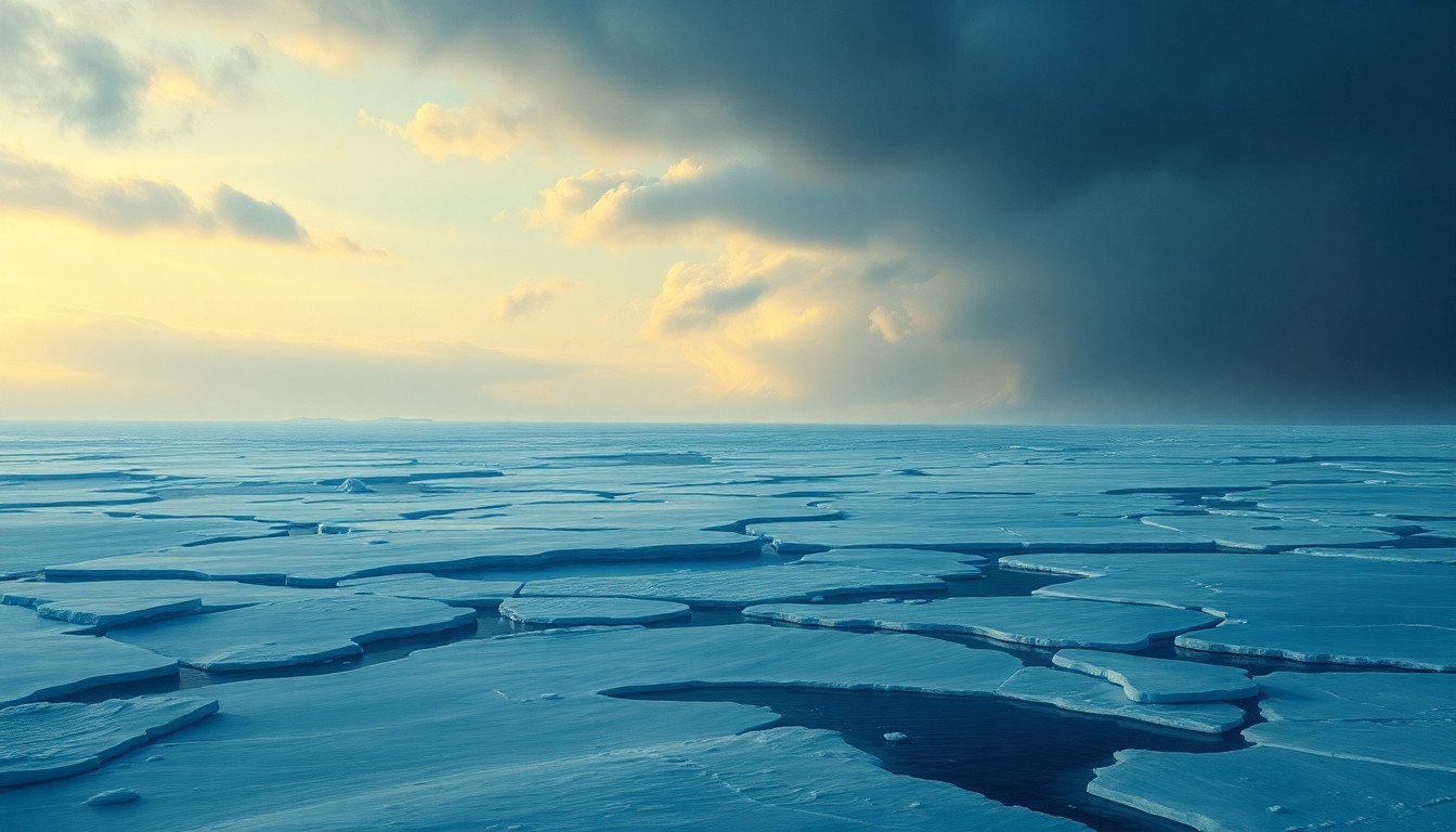 A sweeping, atmospheric landscape painting in muted tones of blue and white, depicting the vast, frozen expanse of the Arctic sea ice under a dramatic, cloudy sky.