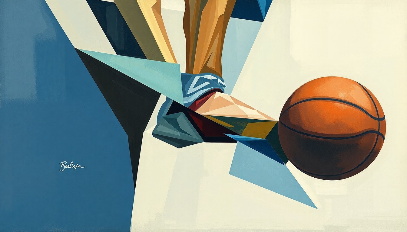 A cubist-style painting depicting a basketball player's injured leg broken down into sharp, geometric planes in a muted color palette, conceptually representing the complexities of Dončić's injury recovery process.