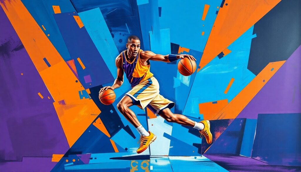 A cubist-style painting depicting a basketball player