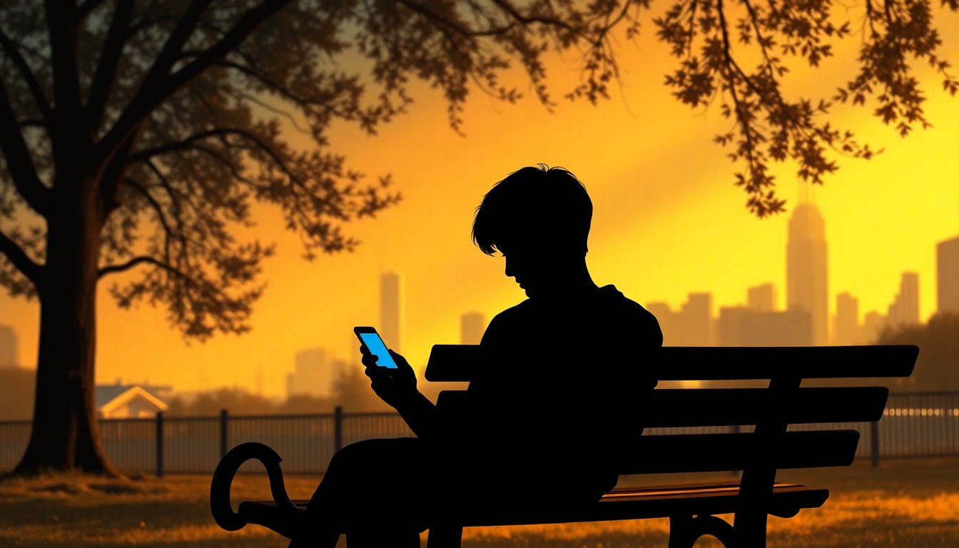 A moody, cinematic painting depicting the solitary silhouette of a young person sitting on a park bench, their face obscured as they stare down at a smartphone, with the city skyline in the background bathed in warm, diagonal sunlight.
