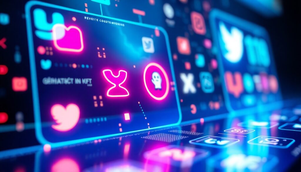 A highly detailed 3D illustration of a glowing, neon-lit social media interface with abstract digital elements, representing the Greek government