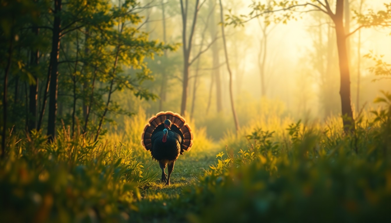 An extremely abstracted, out-of-focus photograph of a person walking through a forest, with soft, warm pools of light and color creating a dreamlike, atmospheric scene that captures the mood of the spring turkey season.