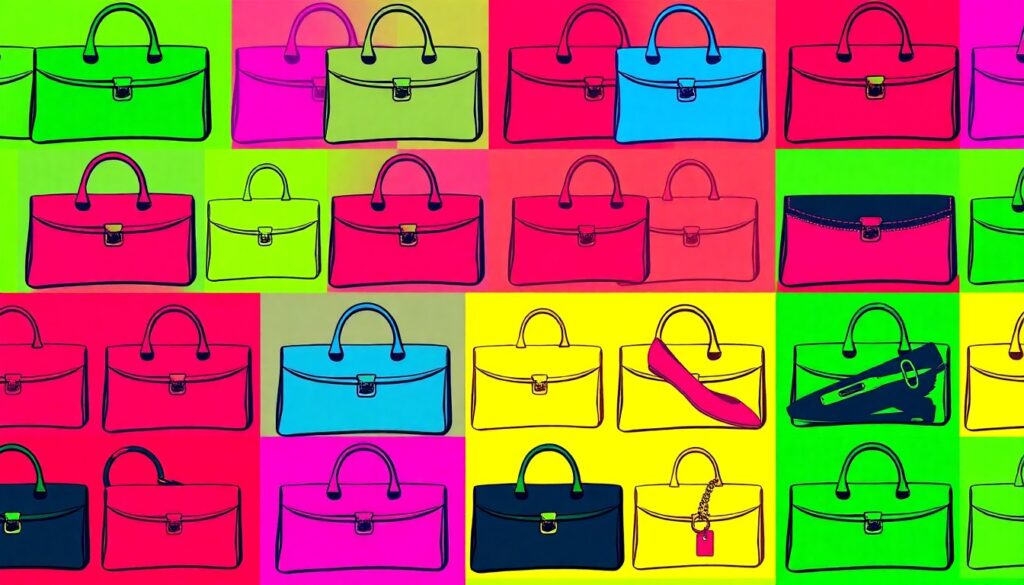A high-contrast, silkscreen-style illustration featuring a repeated pattern of an iconic Italian luxury item, such as a handbag or shoe, rendered in a bold, neon color palette that transforms the everyday object into modern pop art.