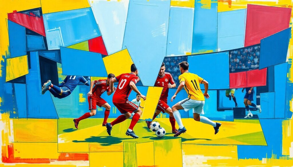 A cubist, geometric painting depicting a soccer match or training session, with sharp, overlapping planes of color representing the dynamic movements and energy of the sport.