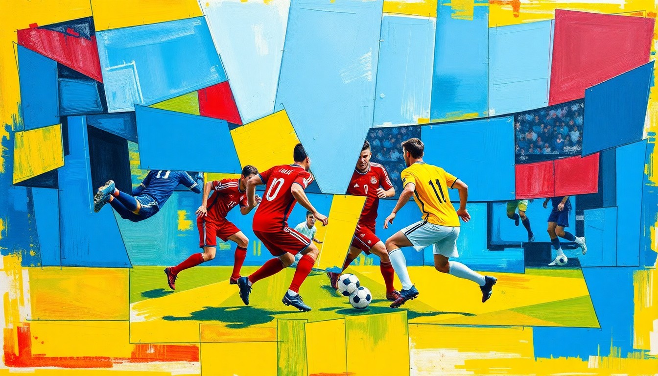 A cubist, geometric painting depicting a soccer match or training session, with sharp, overlapping planes of color representing the dynamic movements and energy of the sport.