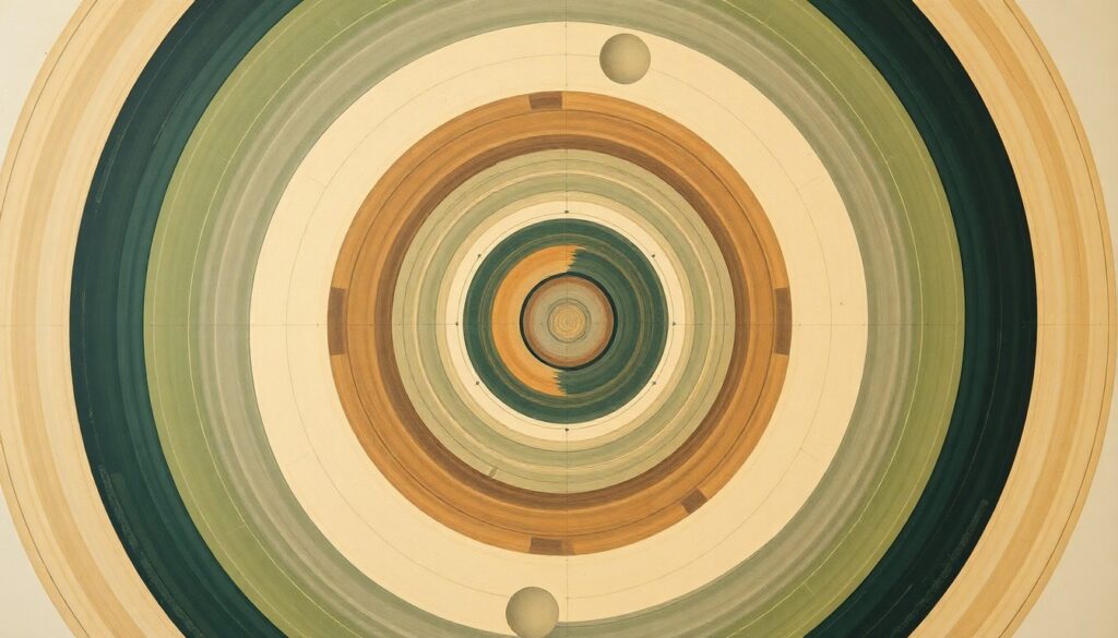 Kentucky Public Service Commission Holds Nuclear Energy Lecture A bold, abstract painting in soft earth tones featuring sweeping geometric arcs, concentric circles, and precise botanical spirals, conceptually representing the complex scientific principles and natural power of nuclear energy.