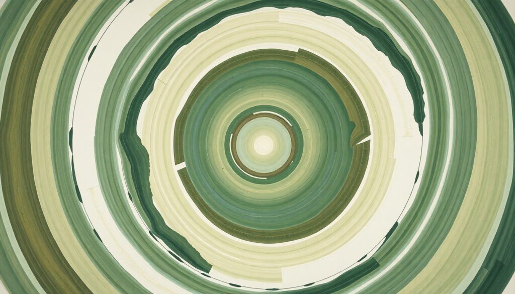 A highly textured abstract painting in earthy green, blue, and brown tones, featuring sweeping geometric arcs, concentric circles, and precise botanical spirals, conceptually representing the complex scientific forces and natural cycles involved in sustainable agriculture.