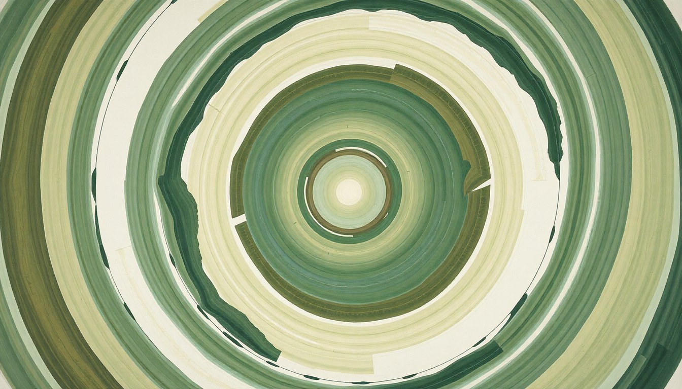 A highly textured abstract painting in earthy green, blue, and brown tones, featuring sweeping geometric arcs, concentric circles, and precise botanical spirals, conceptually representing the complex scientific forces and natural cycles involved in sustainable agriculture.