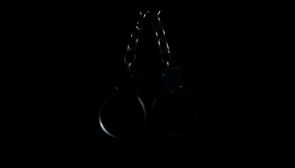 An extreme close-up photograph of a pair of handcuffs against a pitch-black background, lit by a harsh, direct camera flash, conceptually representing the investigation and prosecution of a war criminal.