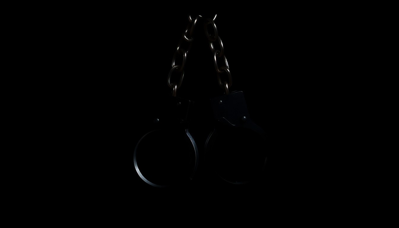 An extreme close-up photograph of a pair of handcuffs against a pitch-black background, lit by a harsh, direct camera flash, conceptually representing the investigation and prosecution of a war criminal.