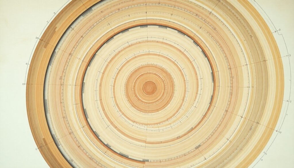 Finland Opens World’s First Nuclear Waste Burial Facility A highly structured abstract painting in muted earth tones, featuring sweeping geometric arcs, concentric circles, and precise geological spirals, visually representing the complex engineering and geological challenges of the Onkalo nuclear waste disposal facility.
