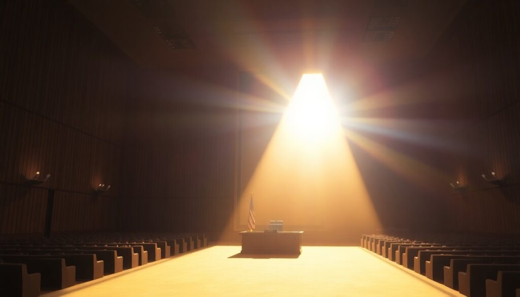 A dimly lit, cinematic painting of an empty United Nations conference room, with warm sunlight streaming through the windows and casting long shadows across the floor and furniture, conveying a sense of quiet contemplation and unease over the future of the UN