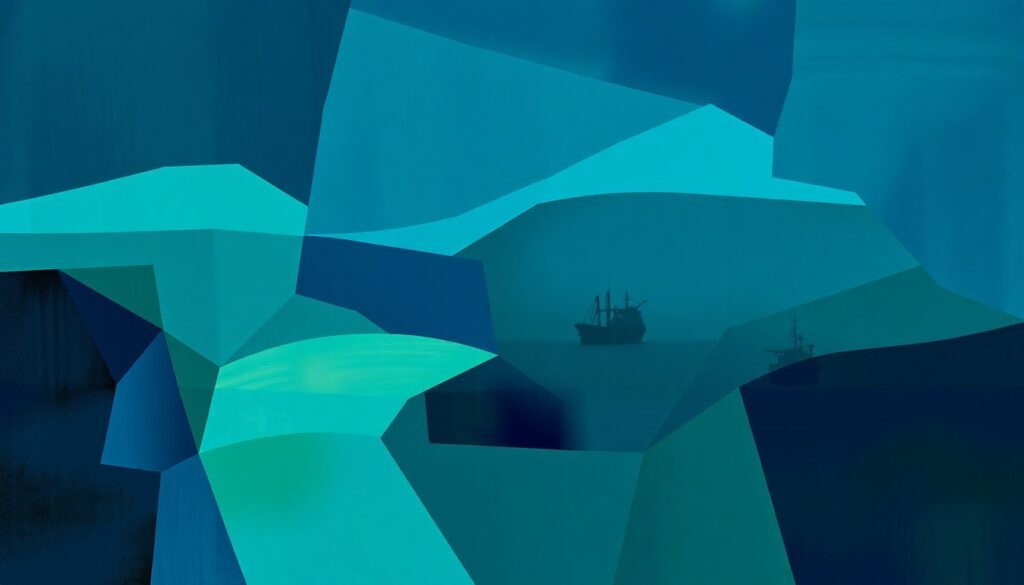 A dynamic, abstract painting in shades of blue and green, with fragmented shapes and lines representing ships and oil platforms in the Mediterranean Sea, conveying the complex geopolitical tensions surrounding energy exploration in the region.