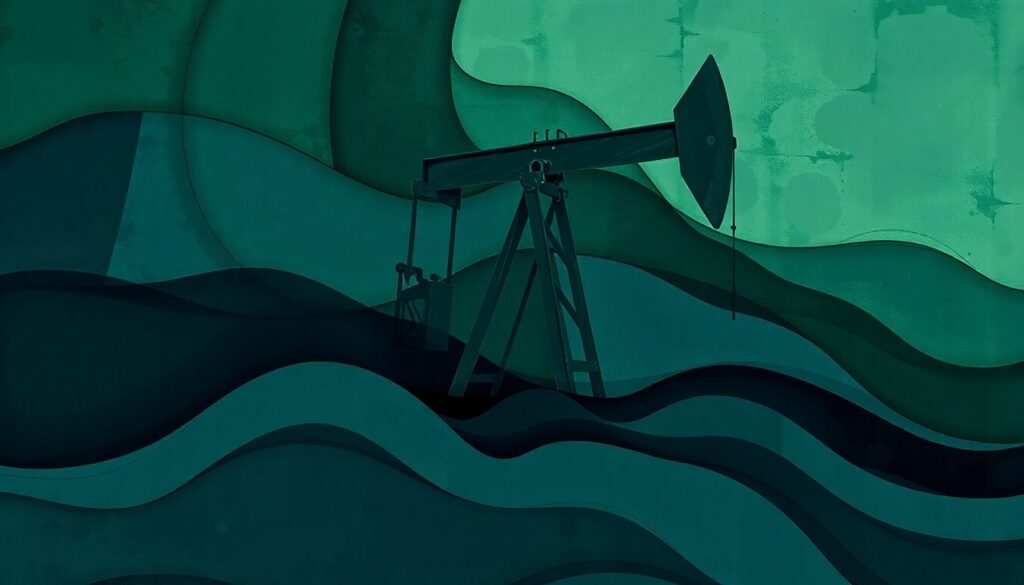 A dynamic, fragmented painting in shades of green, blue, and grey depicts the motion and energy of an oil pump jack, conceptually representing the high-stakes legal battle over environmental accountability.