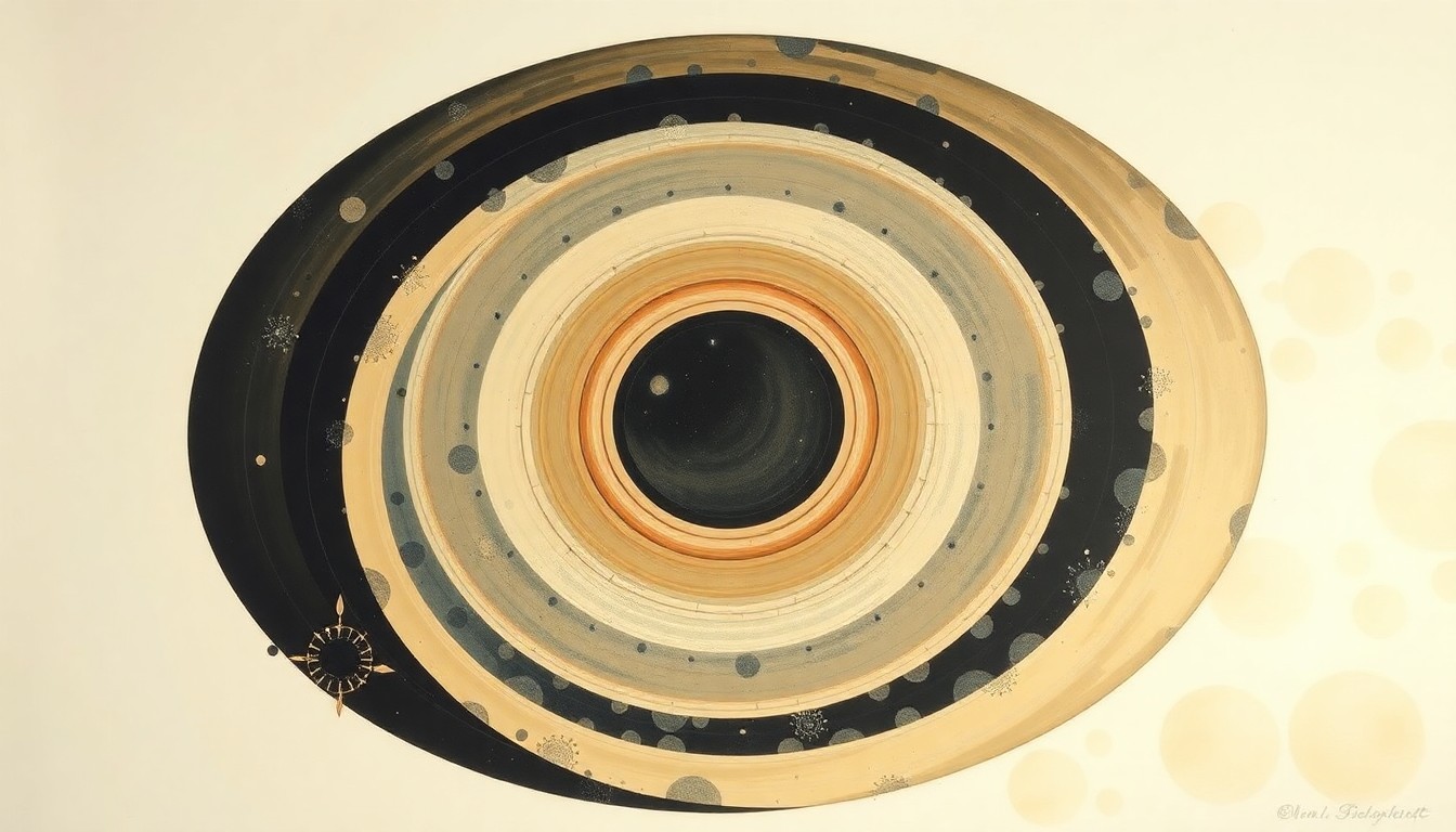 A highly textured abstract painting in muted earth tones, featuring sweeping geometric shapes, concentric circles, and intersecting waveforms, conceptually representing the complex scientific and existential challenges facing humanity.