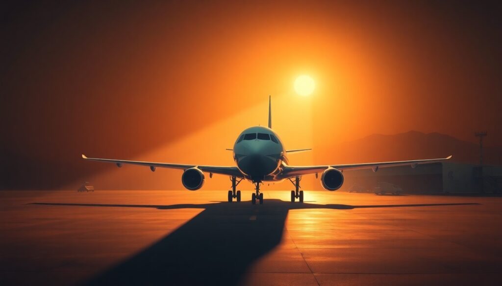 A serene, cinematic painting of a plane landing at a dimly lit airport, with the Pope