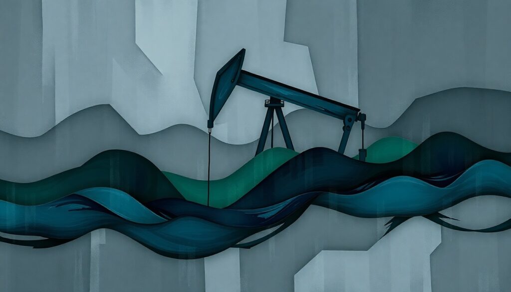 A dynamic, abstract painting with overlapping, geometric shapes in shades of grey, blue, and green, conceptually representing the chaotic and rapidly evolving landscape of the fight for climate accountability.