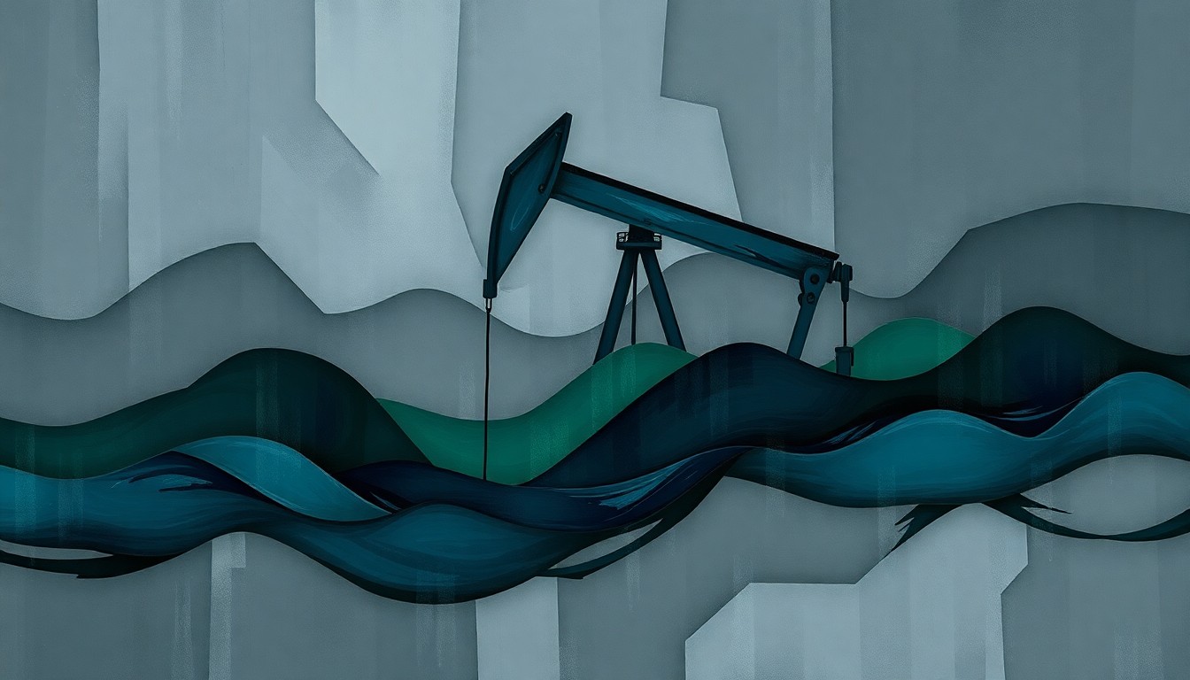 A dynamic, abstract painting with overlapping, geometric shapes in shades of grey, blue, and green, conceptually representing the chaotic and rapidly evolving landscape of the fight for climate accountability.