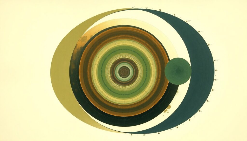 Utah Announces Plans for Nuclear Fuel Recycling Facility A highly structured abstract painting in earthy tones of green, brown, and blue, featuring sweeping geometric arcs, concentric circles, and precise botanical spirals, conceptually representing the complex scientific forces and potential of nuclear fuel recycling.