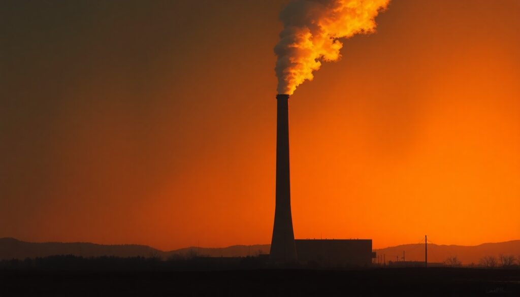 A serene, photorealistic painting of a lone coal power plant smokestack rising into a hazy sky, with the structure bathed in warm, dramatic lighting that casts long shadows across the landscape, conceptually illustrating the tensions between state and federal climate policies.
