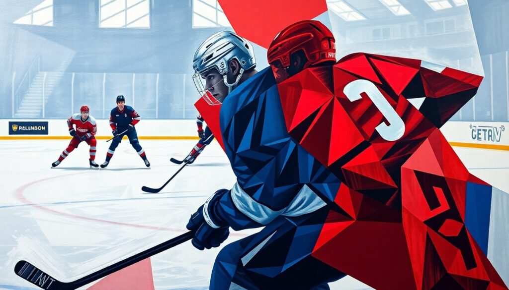 A fragmented, geometric painting depicting a Slovak ice hockey game, with players