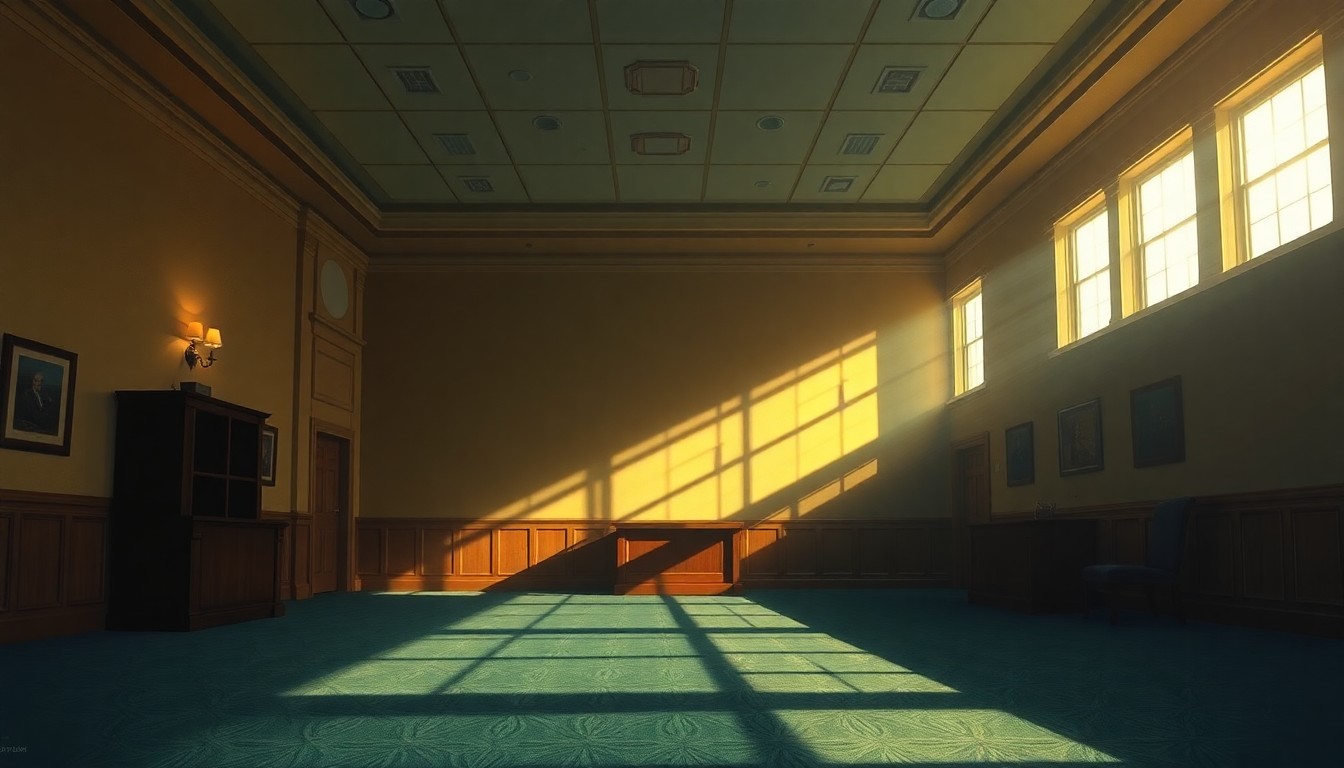 A dimly lit, cinematic painting of an empty government office or conference room, with warm sunlight streaming in through the windows and deep shadows cast across the walls and furniture, conveying a sense of contemplation and unease.