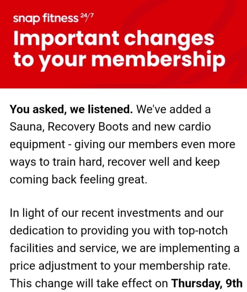 20% Price Hike at Snap Fitness for "Upgrades" I didn't ask for ?
