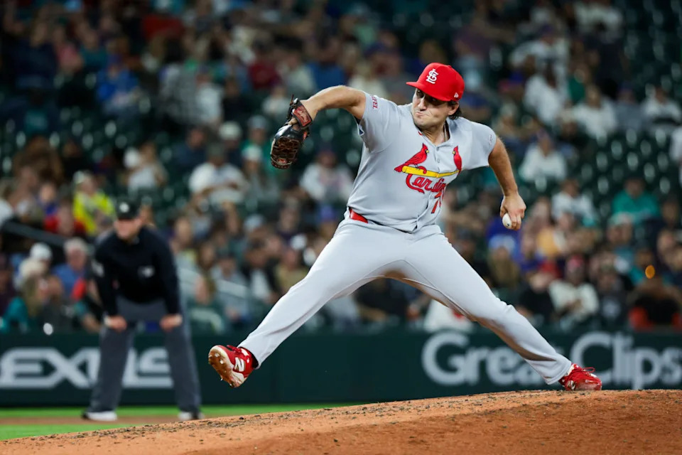 Sep 8, 2025; Seattle, Washington, USA; St. Louis Cardinals relief pitcher Nick Raquet throws against the Seattle Mariners during the seventh inning at T-Mobile Park. Mandatory Credit: Joe Nicholson-Imagn Images