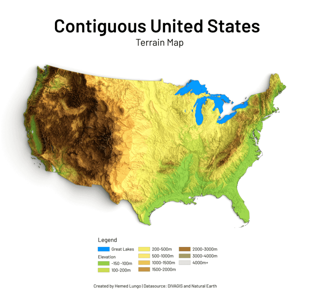 [OC] Map showing Contiguous United States Terrain Map