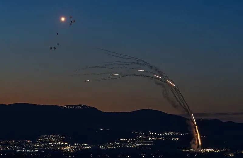 Anti-missile batteries fire interception missiles toward incoming ballistic missiles launched from Lebanon, as seen in northern Israel, during the war with Iran and Hezbollah and ongoing missile fire toward Israel, March 16, 2026. (credit: AYAL MARGOLIN/FLASH90)