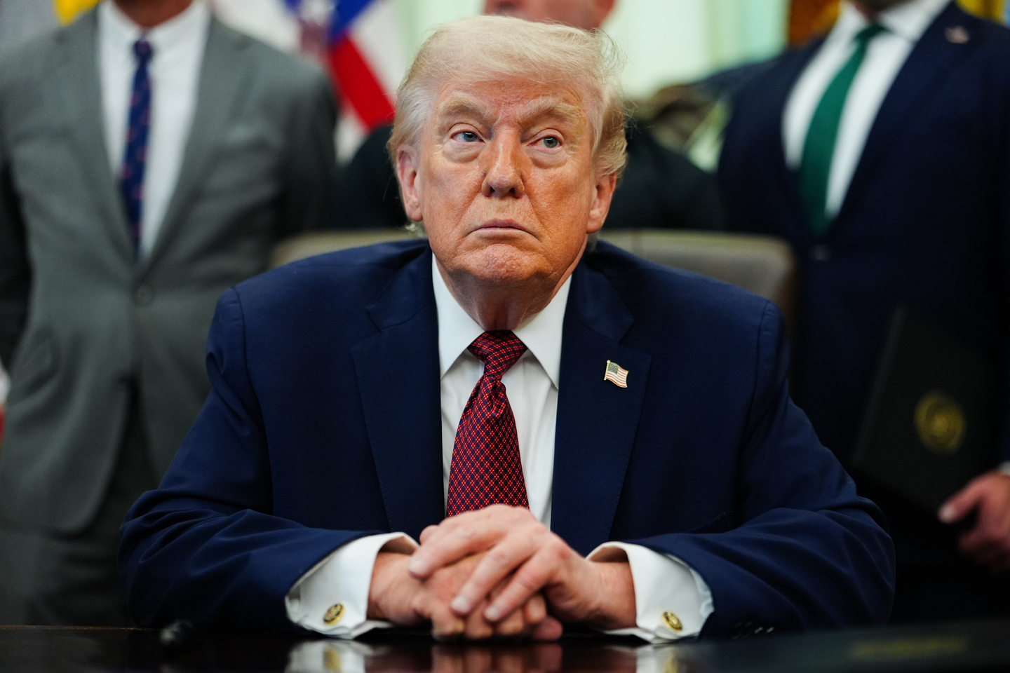 U.S. President Donald Trump listens in the Oval Office of the White House in Washington on April 18.[AP PHOTO/YONHAP]