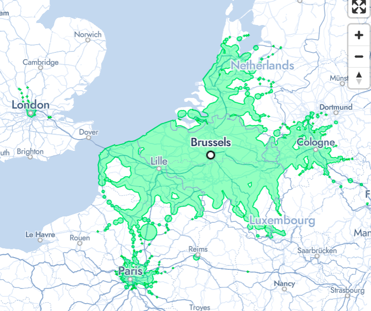 How far you can travel by train in 3 hours from Brussels