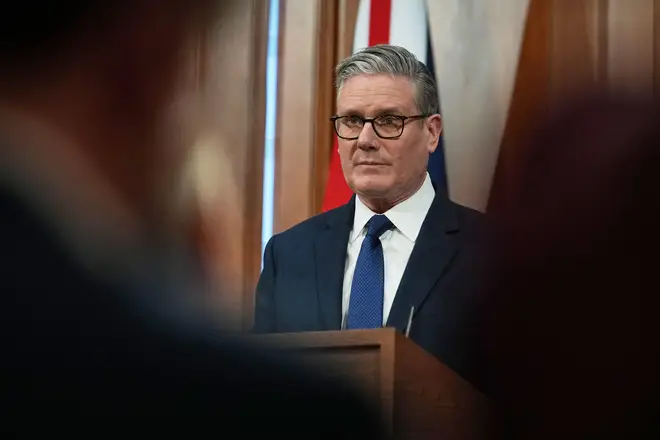 Britain's Prime Minister Keir Starmer speaks during a press conference at Downing Street.