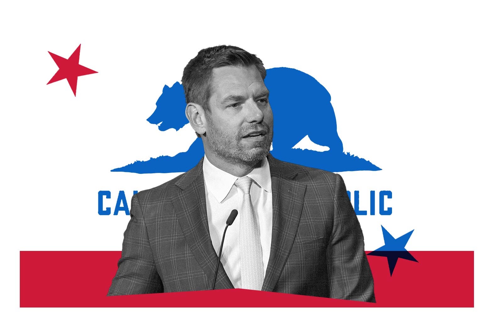 Representative Eric Swalwell in front of the California flag.