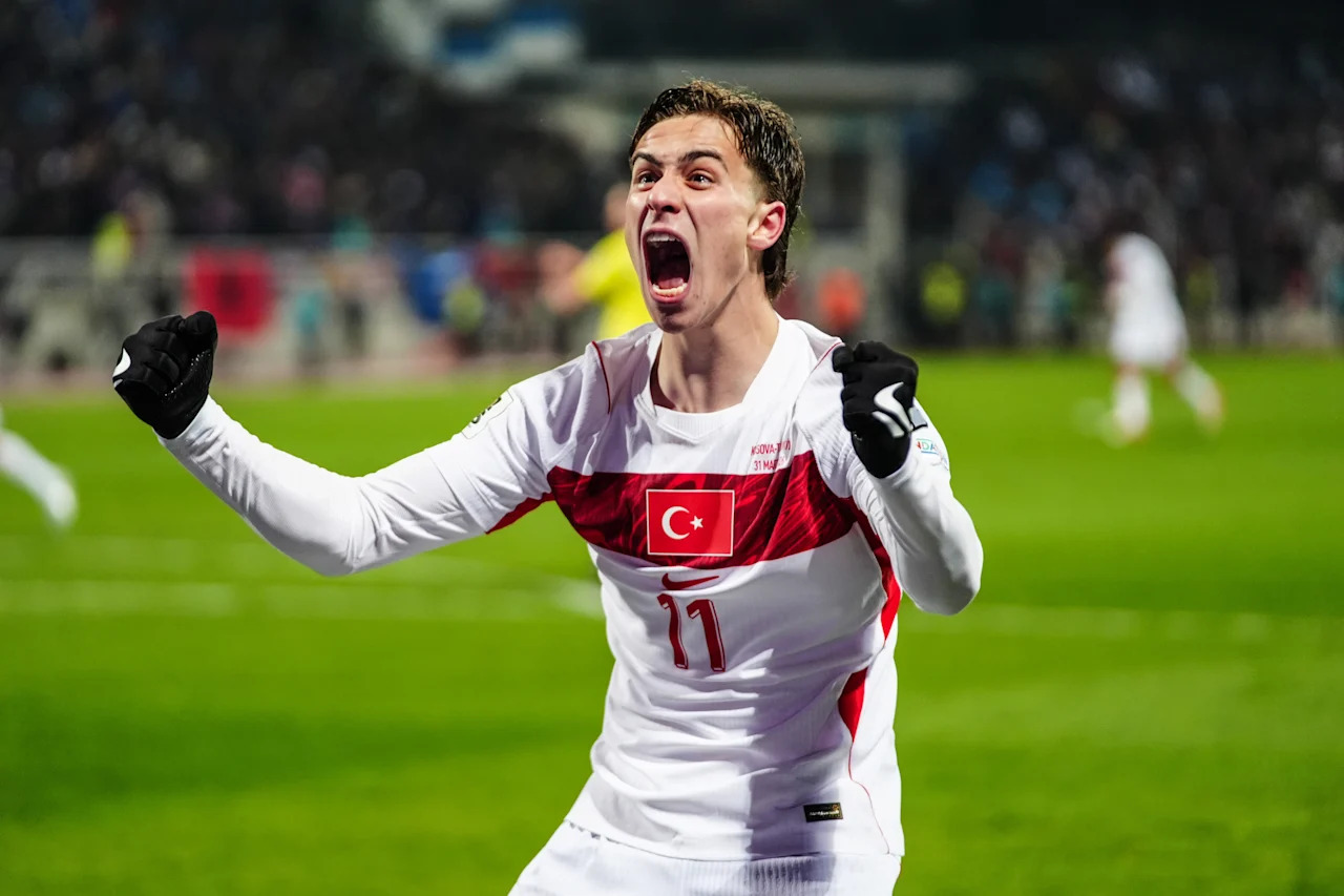 PRISTINA, KOSOVO - MARCH 31: Kenan Yildiz of Turkiye celebrates after a goal during the 2026 FIFA World Cup Europe Qualifiers play-off final match between Kosovo and Turkiye at the Fadil Vokrri Stadium in Pristina, Kosovo, on March 31, 2026. (Photo by Hakan Akgun/Anadolu via Getty Images)